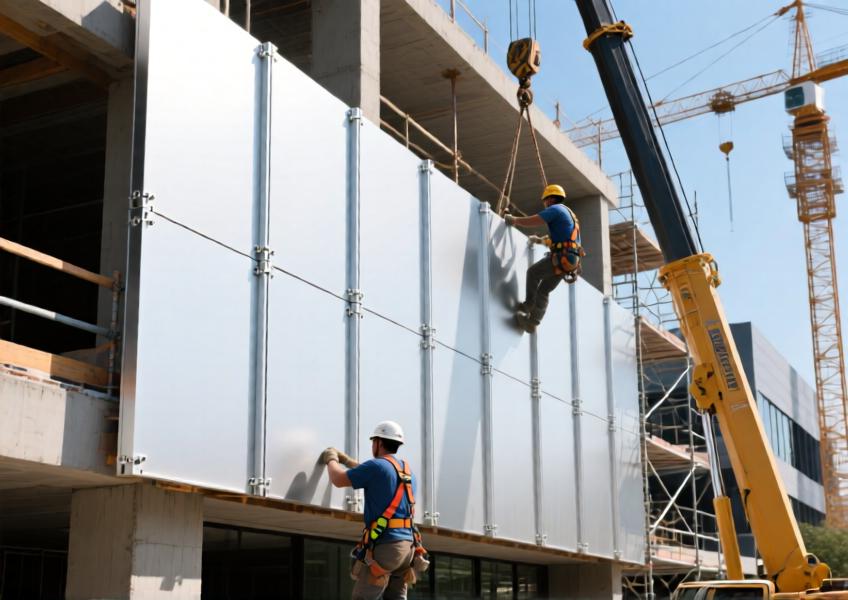 Installation scene of aluminum sheet metal wall panels, illustrating modular design, ease of assembly, and practical application in construction.