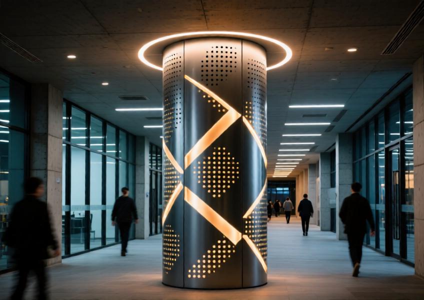 A realistic depiction of perforated metal cladding used on an interior column for both aesthetic and functional purposes, including integrated lighting and ventilation.