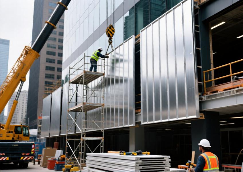 Detailed scene of aluminum composite cladding panels during installation on a commercial building, illustrating prefabrication, scale, and real-world construction context.