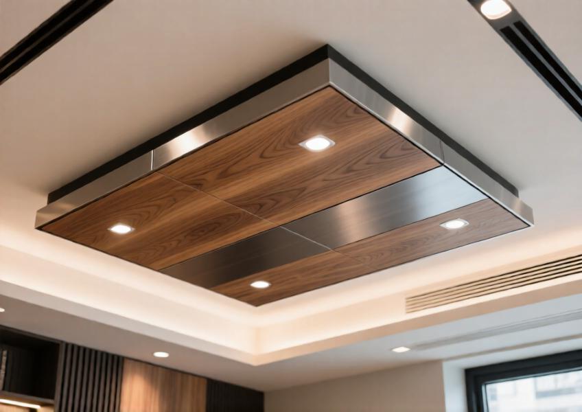 Detailed shot of a wood-textured aluminum ceiling panel with integrated lighting, illustrating material versatility and functional design in interior applications.