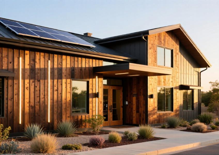 Sustainable boutique hotel using wood look aluminum siding to reflect an eco-friendly brand identity and modern rustic aesthetic.