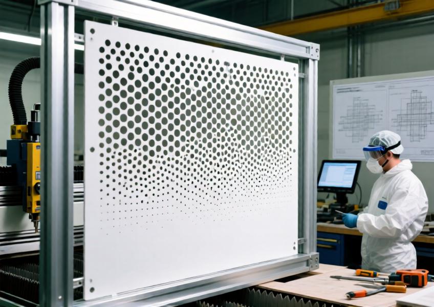Detail scene of digital fabrication of a perforated aluminum panel, emphasizing precision engineering and customization for architectural applications.