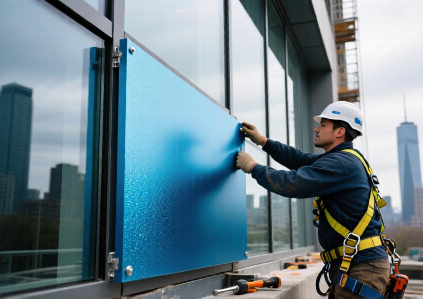 Detail scene of aluminum sheet metal installation on a curtain wall, illustrating its practical use and integration with other building materials in a commercial project.