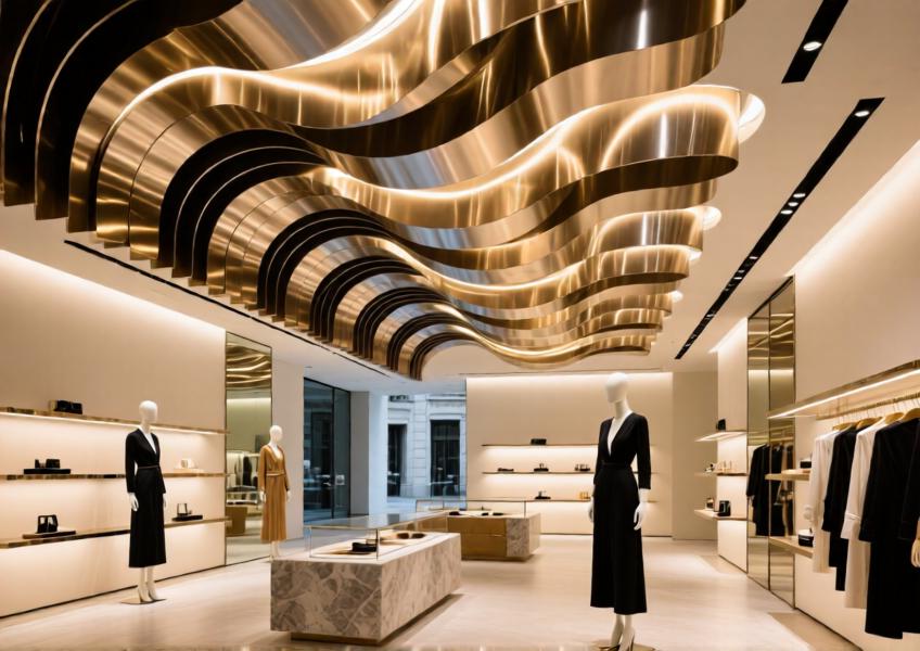 Interior of a high-end boutique with a dynamic brushed aluminum ceiling design that serves both aesthetic and functional purposes in a luxury retail setting.