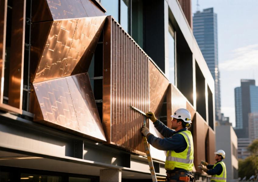 A detailed scene of aluminium cladding installation on a modern building, illustrating its adaptability, custom design potential, and integration into innovative architectural projects.