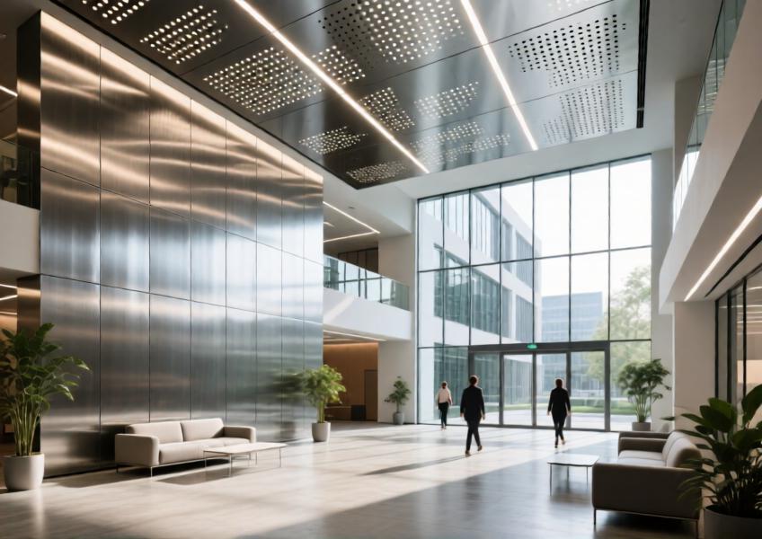 An interior view of a commercial lobby where external metal cladding materials are extended indoors, creating a cohesive and contemporary design narrative.