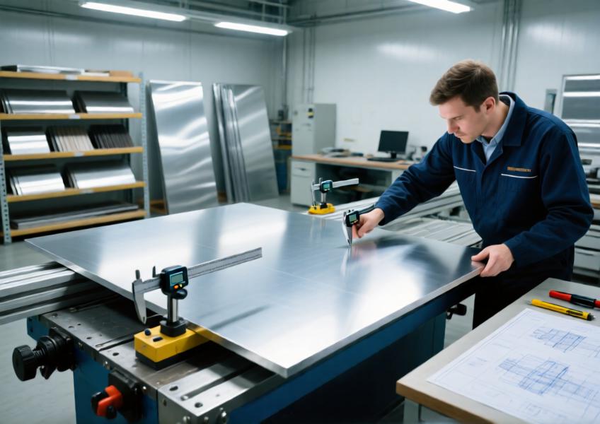 A realistic close-up scene showing quality inspection of a premium aluminum sheet in a professional fabrication setting, emphasizing material precision and supplier attention to technical standards.