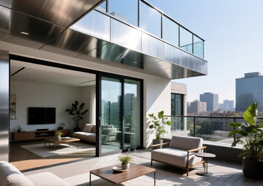 Residential application showing continuous use of brushed aluminium for ceiling and railing elements, blending indoor and outdoor spaces.