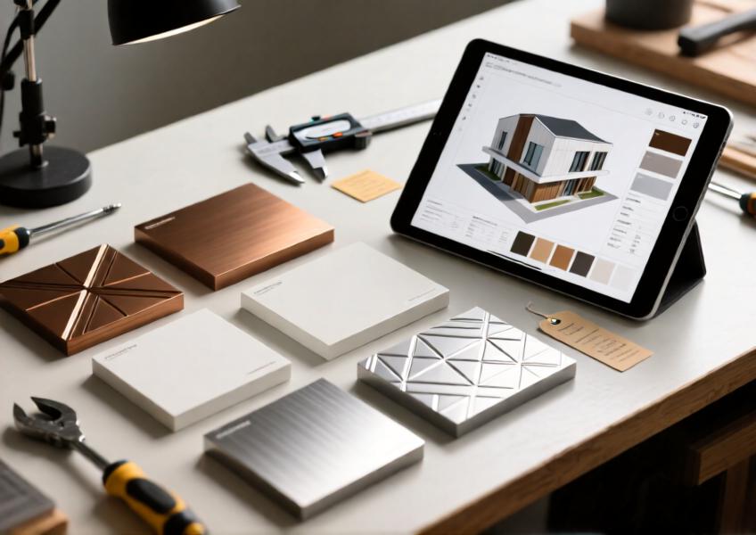A detailed close-up of different sheet aluminium finishes used in architectural design, showing customization options and digital visualization tools.