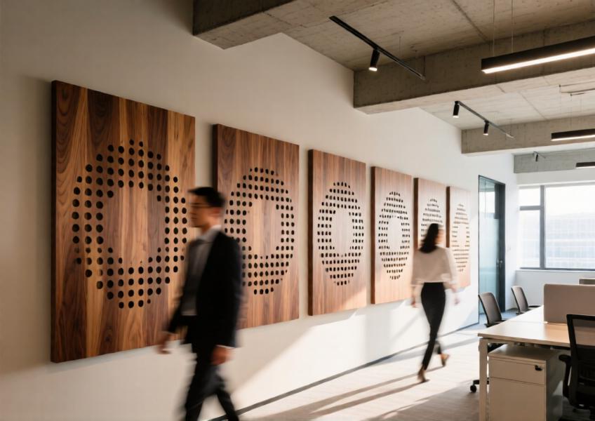 Laser-cut walnut perforated wall panels in a minimalist corporate office, blending natural texture with modern design and functional acoustics