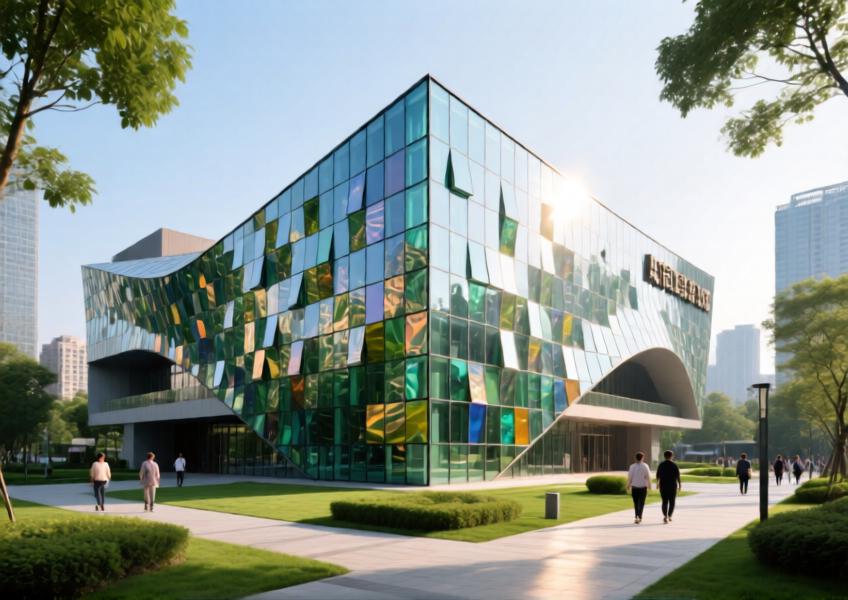 Cultural center in Chengdu featuring an eco-friendly façade made of recycled glass cladding, set within a sustainable urban environment.