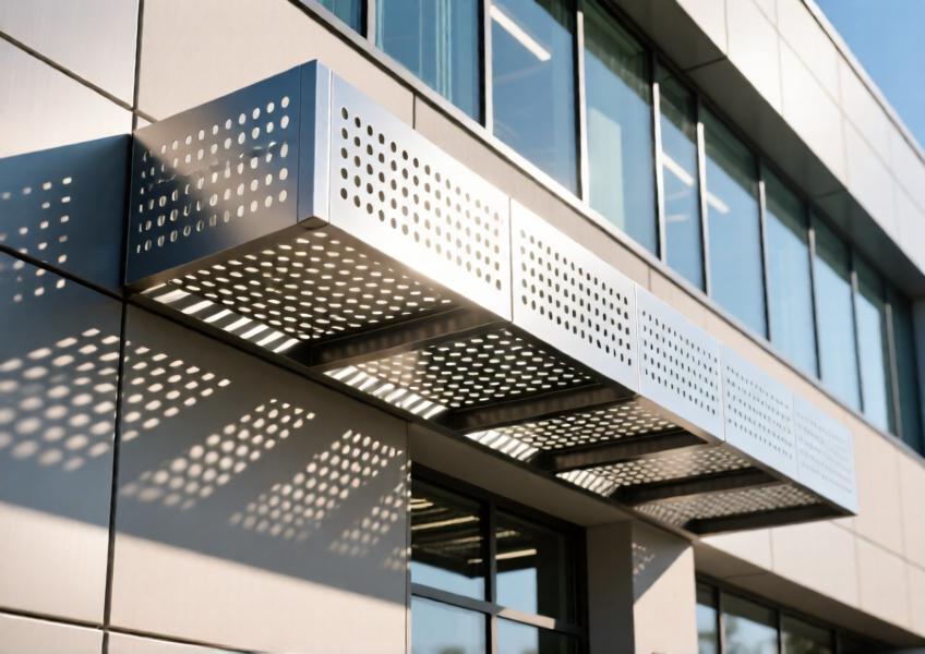 Detailed view of perforated metal panels demonstrating functional and aesthetic qualities, including solar shading and decorative shadow effects.