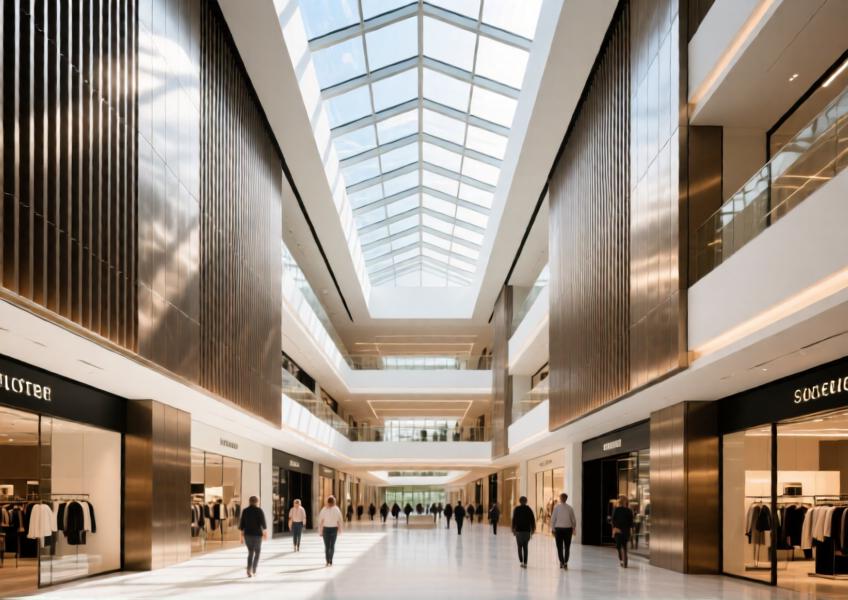 Commercial interior space using outside cladding-inspired materials for interior partitions, creating a unified aesthetic between the building's exterior and interior.