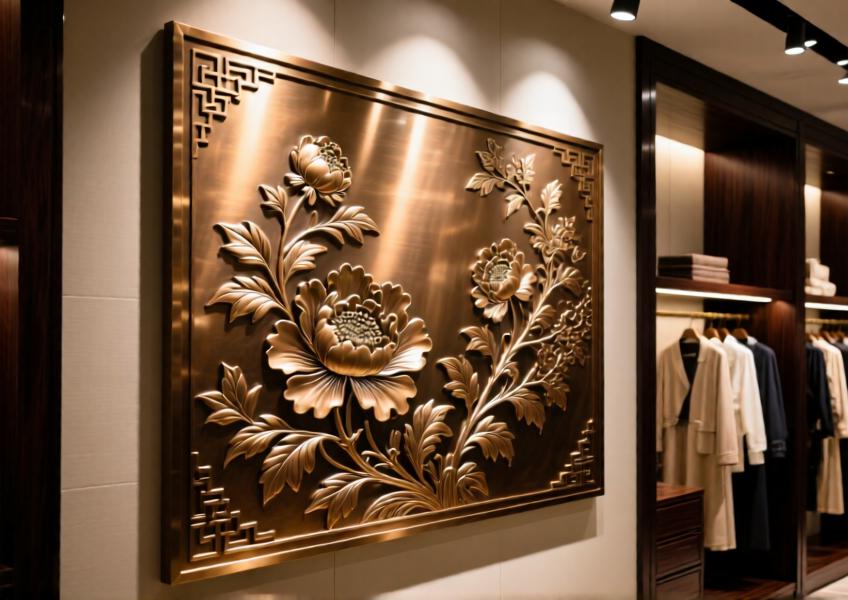 Detail of a custom-etched bronze metal wall in a luxury retail environment, blending cultural artistry with modern design and functional elegance.