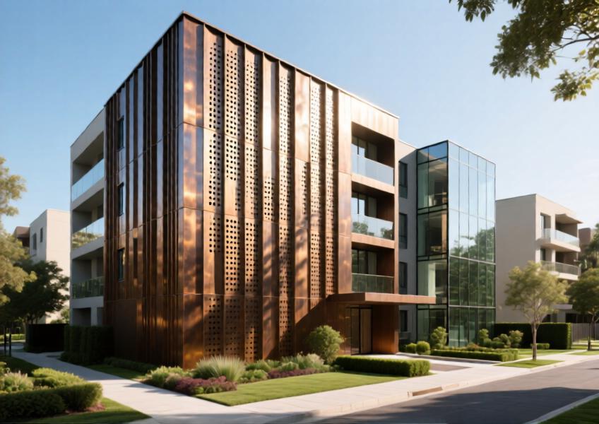 A high-end residential building with perforated zinc cladding creating rhythmic light patterns, set in a serene, landscaped environment.
