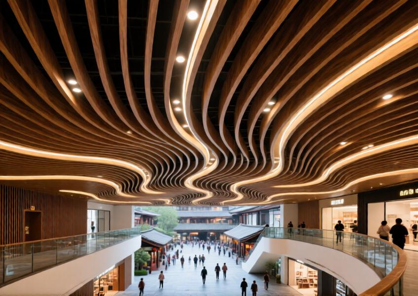 Architectural interior of a public building featuring custom-shaped wood grain aluminum ceiling panels designed for aesthetic and acoustic performance.