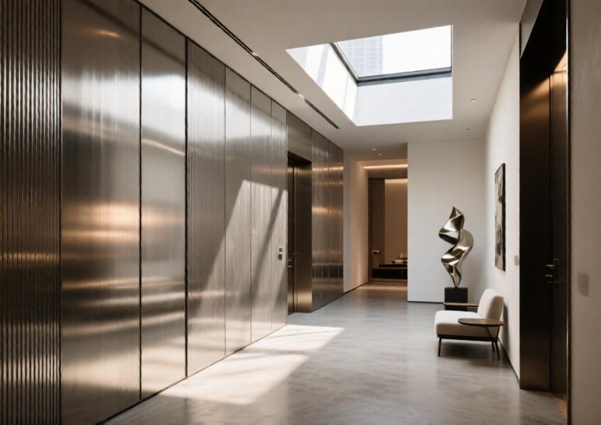 Interior scene of a high-end residential entrance hall showcasing metal wall panels enhancing natural light and adding modern sophistication.