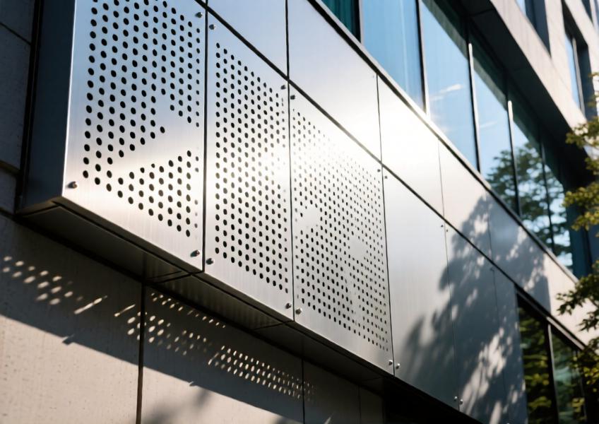 Detailed view of a perforated aluminium wall panel, emphasizing material quality, precision engineering, and the interplay of light and shadow for aesthetic and functional performance.