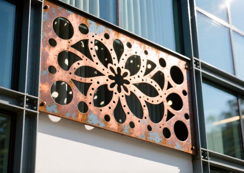 Detailed view of a copper alloy perforated panel with a floral pattern, demonstrating precision engineering and material aging