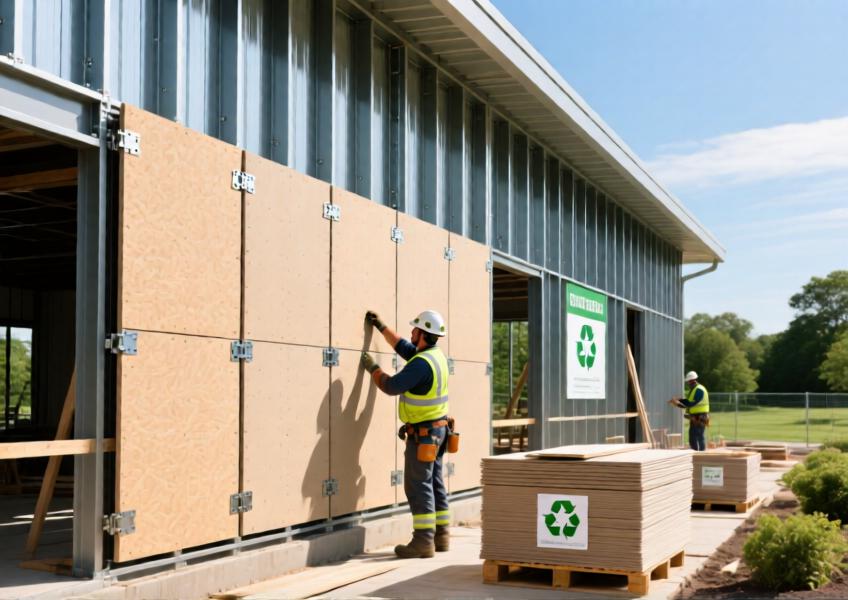 Construction scene highlighting the installation of eco-friendly fiber cement cladding panels on a commercial building, emphasizing sustainability and modular design.