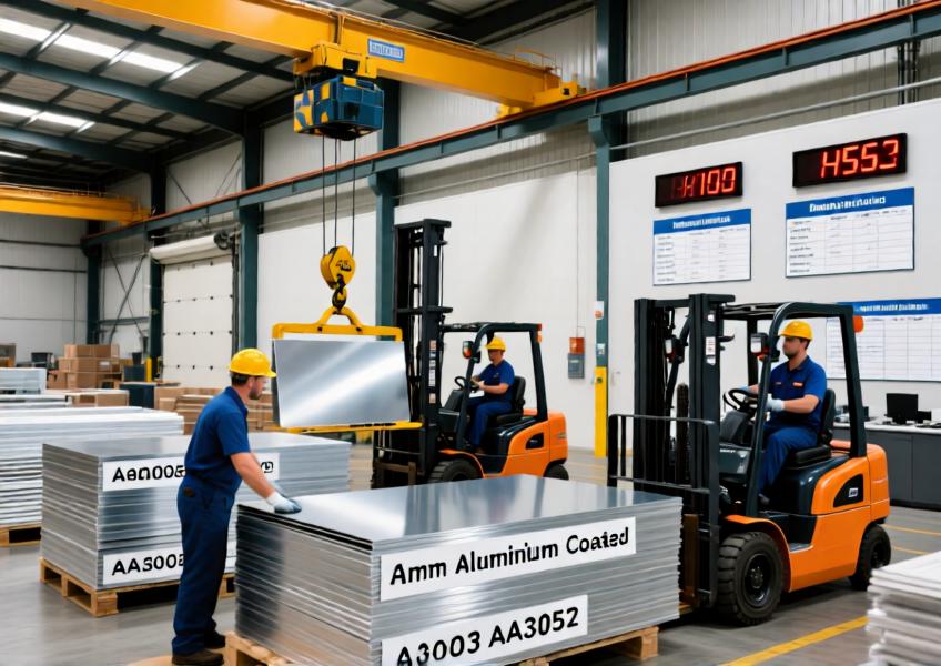 Industrial scene showing the handling and classification of 3mm aluminium sheets by alloy and finish, depicting supply chain and pricing variables in a realistic warehouse setting.