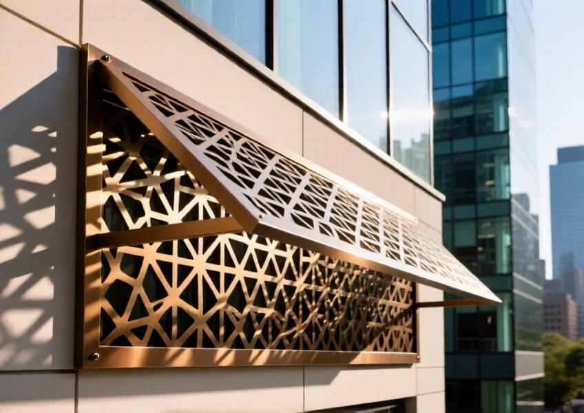 Detail shot of a customized perforated metal panel demonstrating advanced fabrication techniques and functional design for solar control and visual interest.
