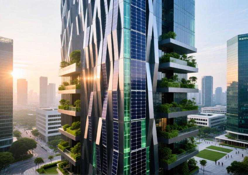 Singapore office tower with energy-efficient aluminum facade incorporating photovoltaic technology and sustainable design elements.