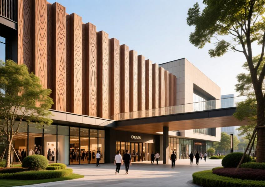 Commercial shopping mall using affordable fiber cement cladding with wood-like finish to create an inviting, nature-integrated design.