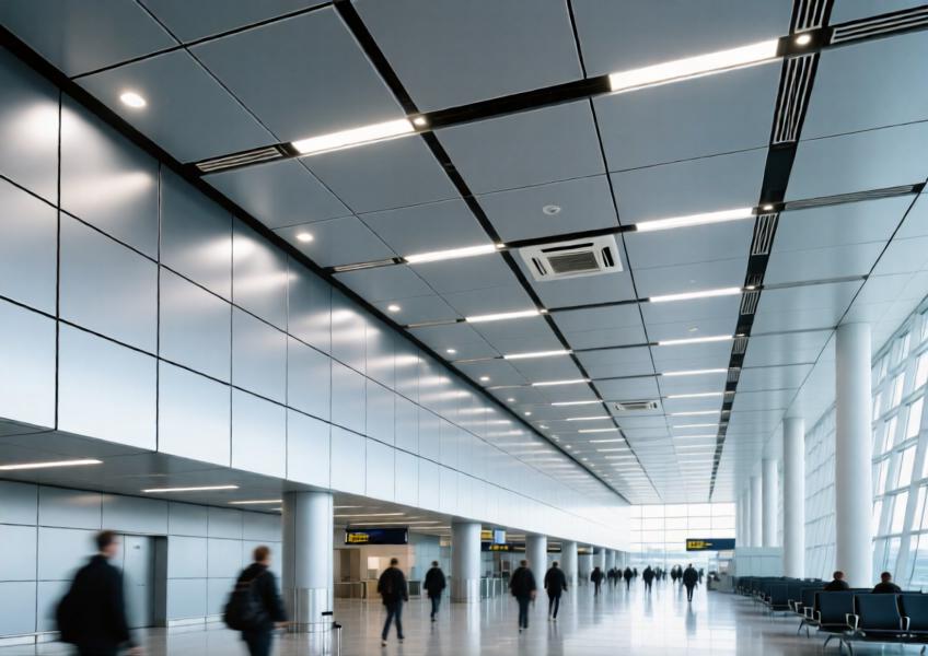 Airport terminal renovation highlighting modular aluminum cladding for aesthetic continuity and technical integration.