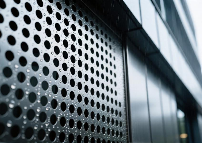 Detailed shot of a perforated metal wall panel demonstrating texture, craftsmanship, and functional design in an exterior architectural application.