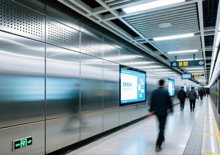 High-traffic metro station interior using durable, corrosion-resistant aluminum wall panels for a sleek and low-maintenance public space.