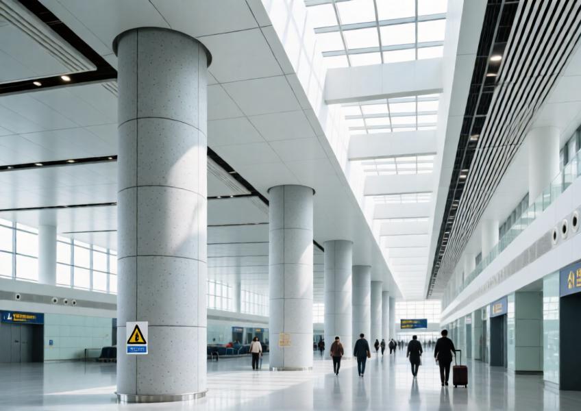 Fire-rated cladding sheets in a public infrastructure setting, demonstrating safety, durability, and design continuity in a modern airport terminal.