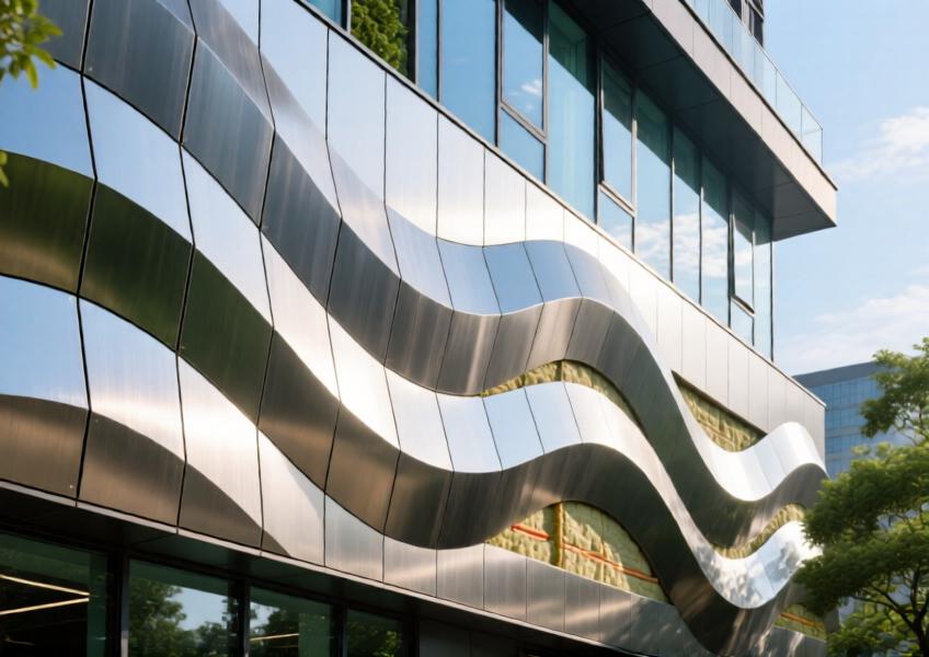 Detailed view of a sustainable, parametric metal cladding system on a mixed-use building, highlighting material texture, thermal performance, and modern design integration.