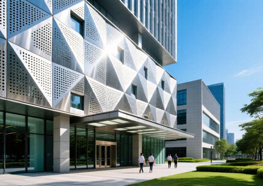 A Guangzhou commercial building using perforated metal cladding for ventilation and solar control.