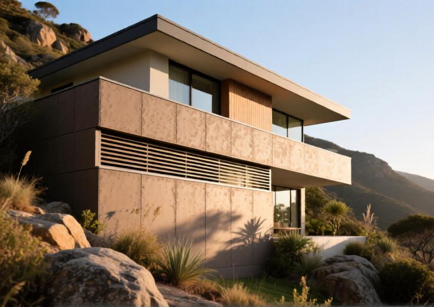 A hillside villa with textured fiber cement rainscreen panels, demonstrating aesthetic versatility and resilience in a natural setting.