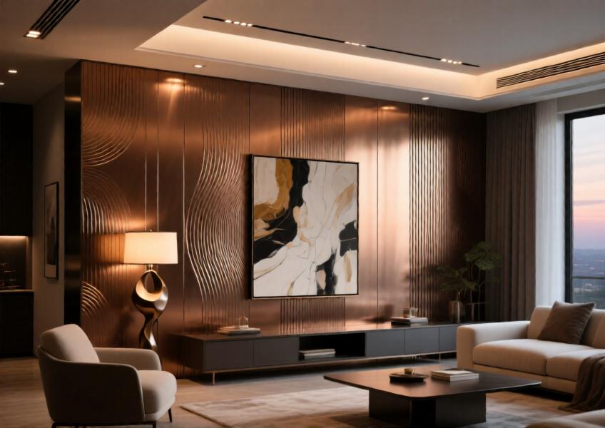 A luxurious living room where warm-toned aluminium wall panels serve as a striking backdrop to a modern fireplace and art.