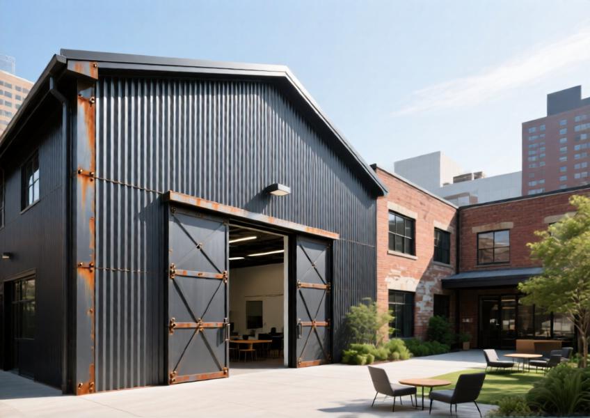 A commercial adaptive reuse project showcasing metal shed cladding as a key design element in transforming an old industrial building into a modern creative workspace.