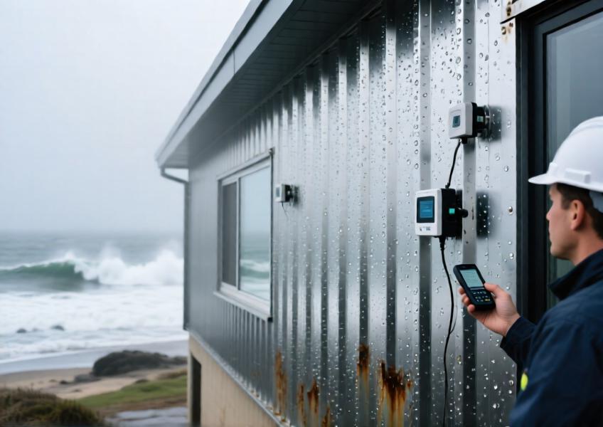 Coastal building with durable, smart-enabled metal facade demonstrating resilience against salt air and integration with environmental sensors.