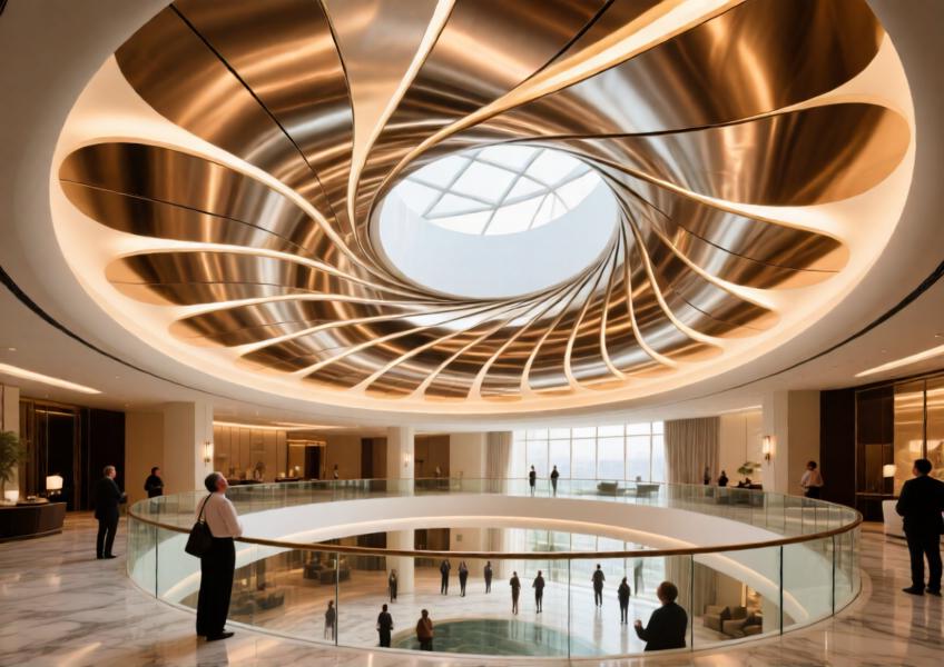 Curved aluminium ceiling panels in a Dubai luxury hotel atrium creating an organic, elegant spatial experience