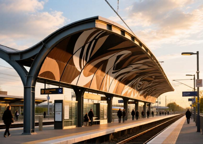 An urban transit station highlighting the innovative use of printed metal facade panels to combine art, durability, and architectural performance in public infrastructure.