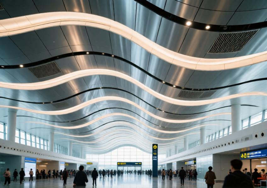 Curved aluminum ceiling panels in an airport terminal creating an artistic, functional space that improves acoustics and navigation.