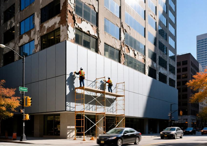 An urban renovation project showing the transformation of an aging building with a modern rainscreen cladding system, highlighting retrofit adaptability and structural upgrade.