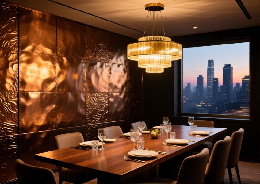 An upscale residential interior featuring textured bronze metal cladding, illustrating its ability to add warmth and sophistication to high-end living spaces.