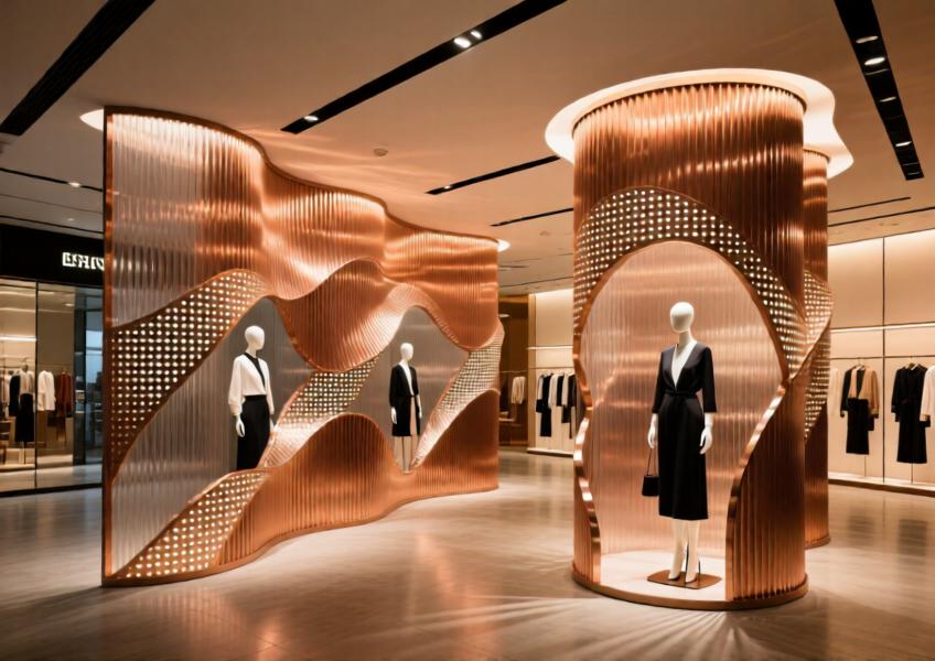 Interior view of a retail space using copper perforated corrugated metal panels as decorative and functional partitions, emphasizing brand identity and spatial flow.