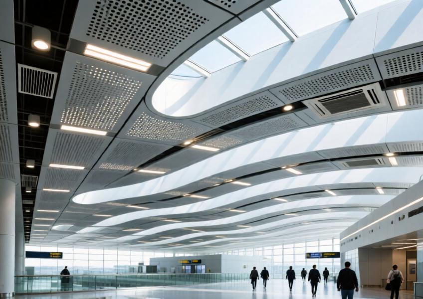 A detailed view of an aluminium ceiling system in a large public space, highlighting acoustic performance, integration with building systems, and elegant design.