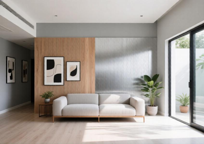 Residential living room with aluminium wood look cladding enhancing warmth and depth in a neutral, minimalist design.