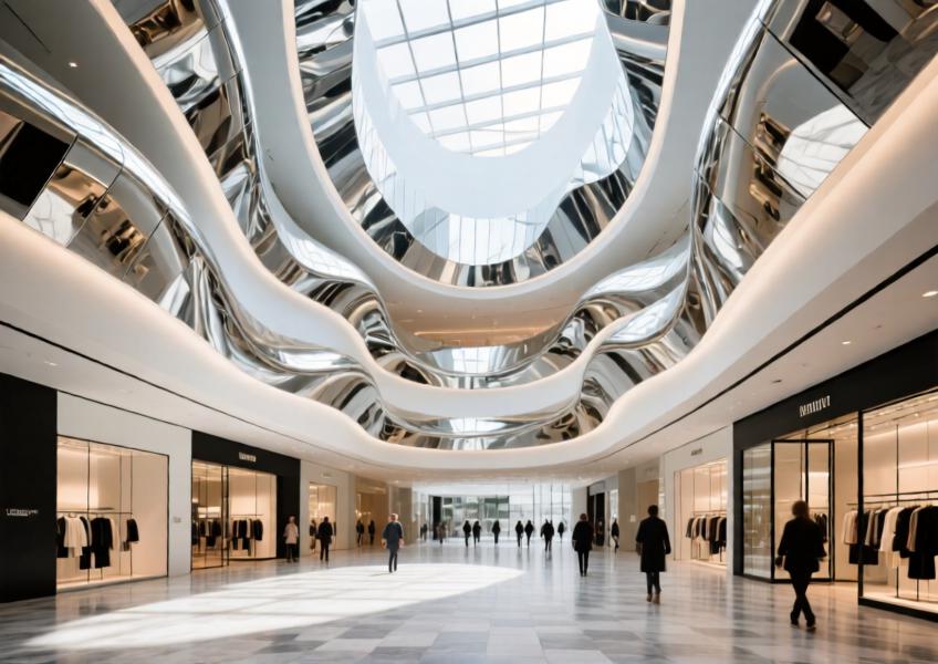 Interior view of a retail atrium featuring a reflective aluminum panel ceiling that manipulates light and space.