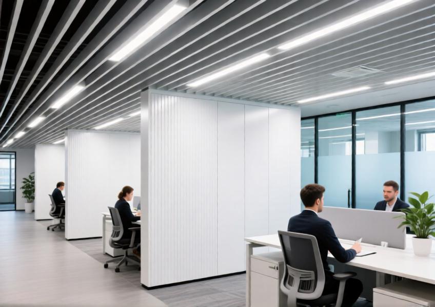 Modern office space utilizing aluminium panels for ceiling and partition design, demonstrating versatility and functionality in interior architecture.