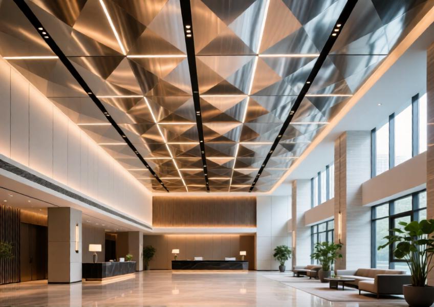 An interior view of a high-end hotel lobby showcasing aluminum sheet metal ceiling panels integrated with lighting and architectural design.