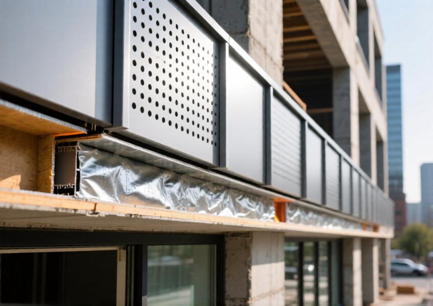 Detailed view of insulated aluminium cladding in a curtain wall system, highlighting its technical construction, durability, and role in improving thermal performance and sustainability.